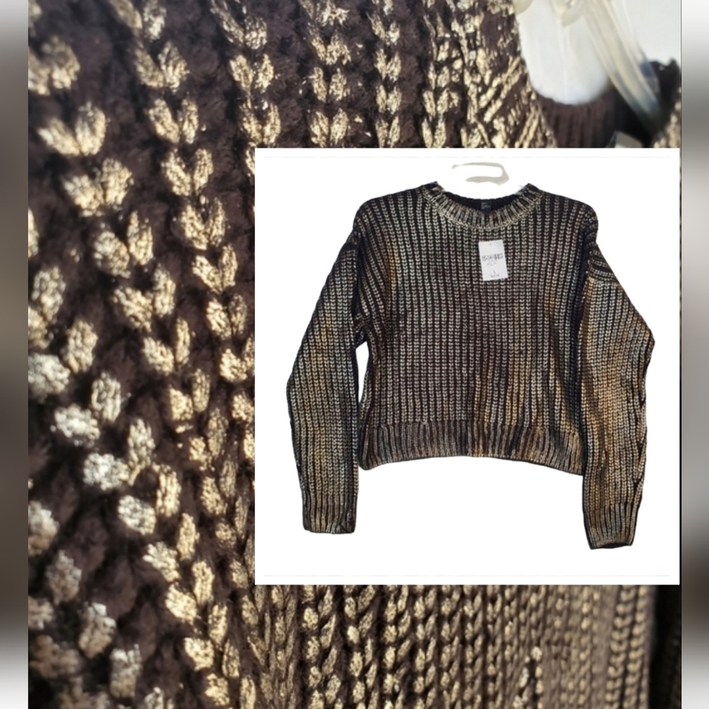 Crop Metallic Gold Black Cable Knit Sweater NWT Size L - Picture 1 of 16